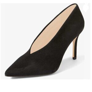 XYD Black Suede High Heel Pumps Pointed Toe V Cut Slip On Dress Shoes